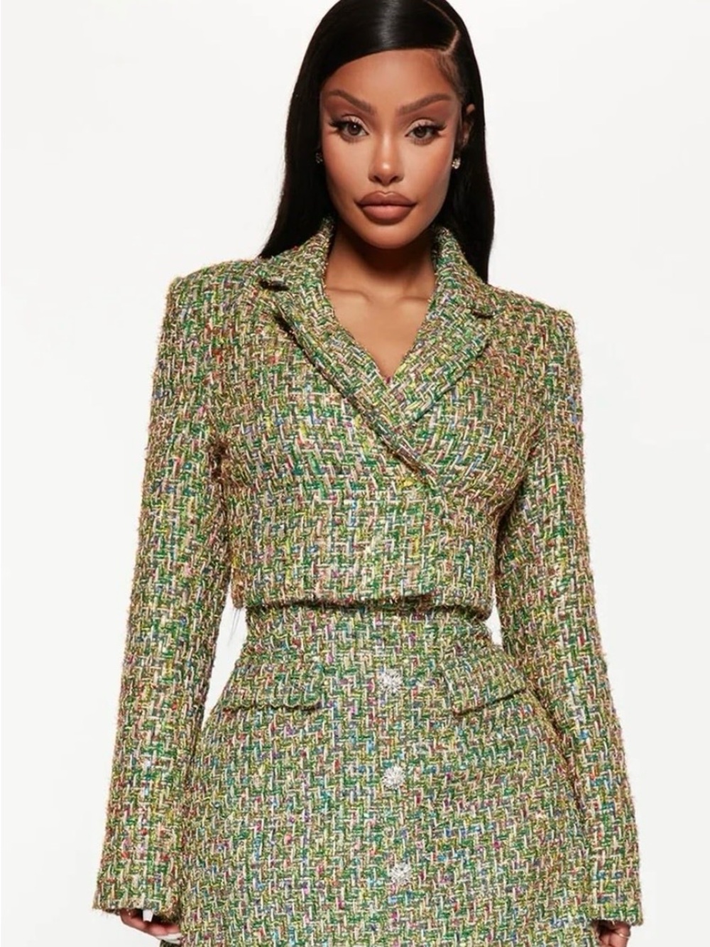 Fashion Nova Woven Tweed Cropped Jacket in Green